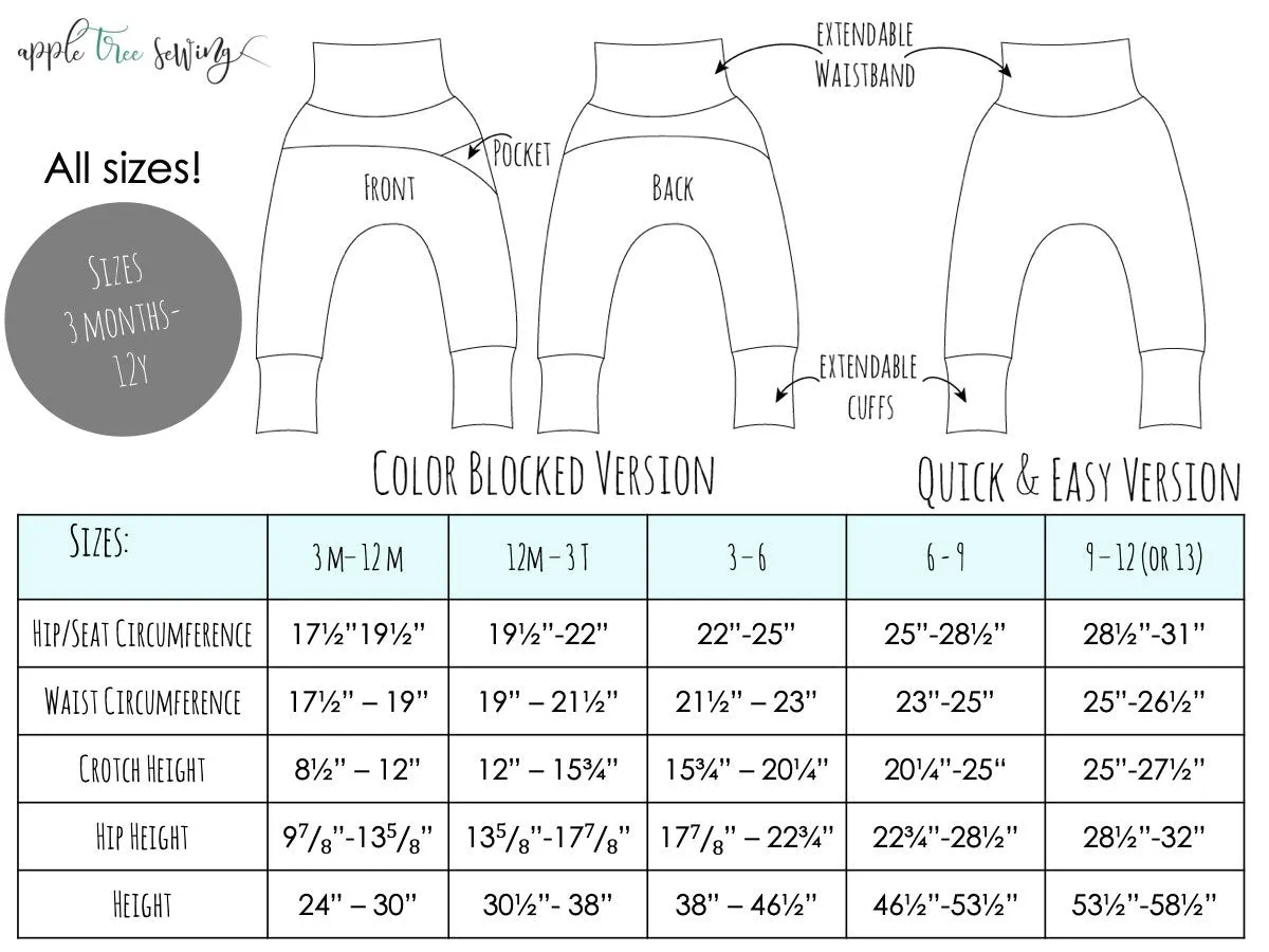 All Sizes Color Blocked Grow With Me Drop Crotch Joggers Trousers - PDF Apple Tree Sewing Pattern (bonus extended sizes included)
