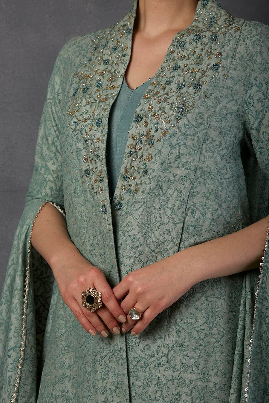 Aqua Chanderi Embroidered Jacket Set