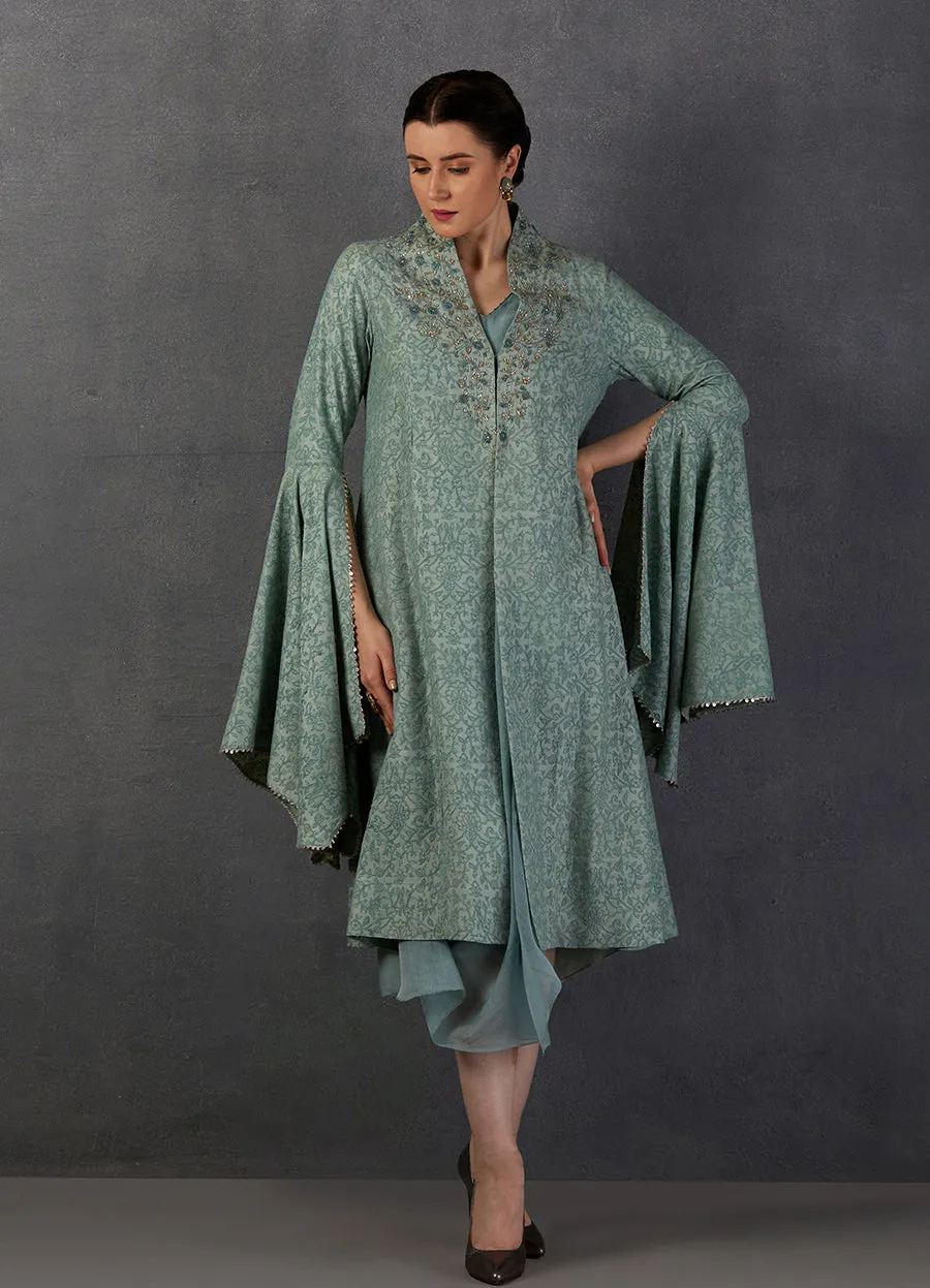 Aqua Chanderi Embroidered Jacket Set