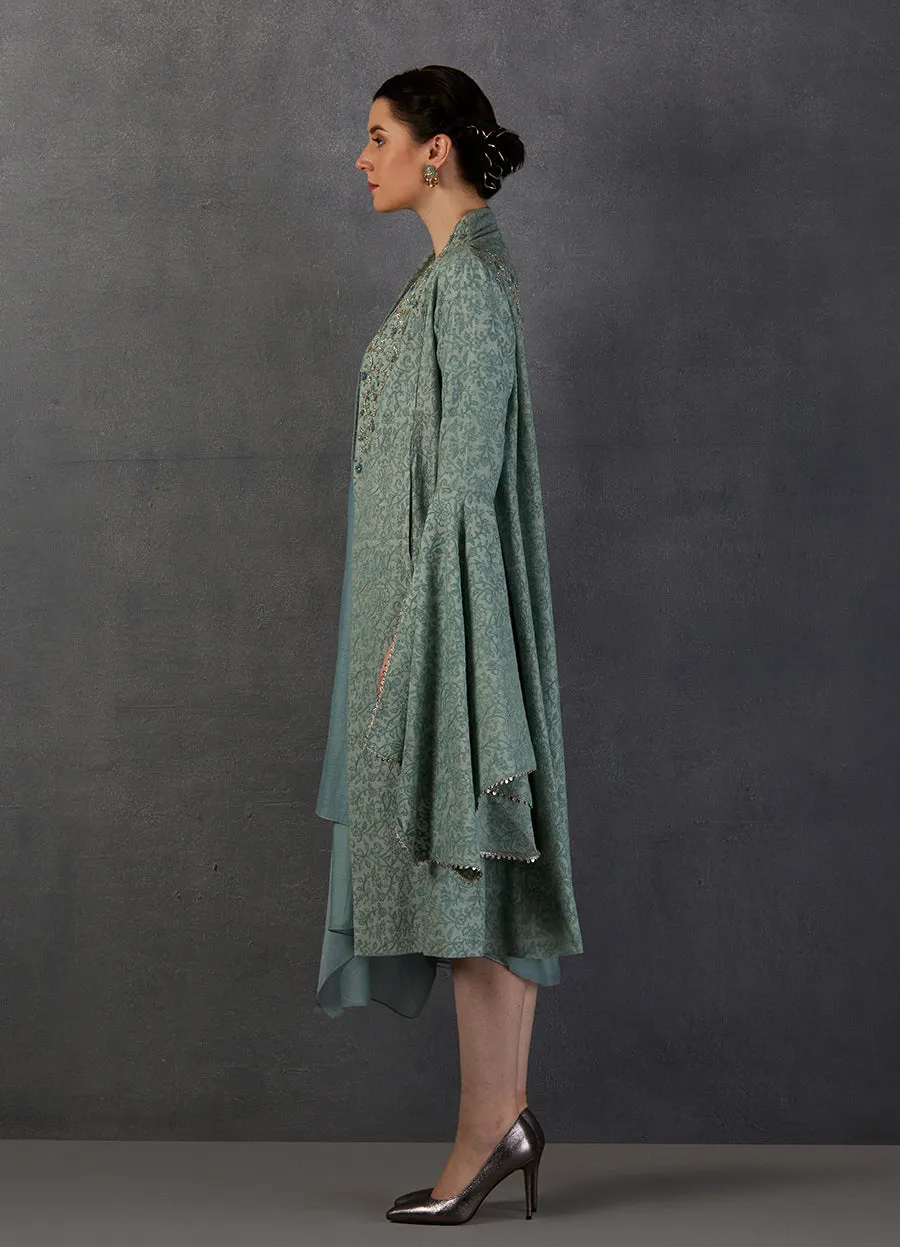 Aqua Chanderi Embroidered Jacket Set