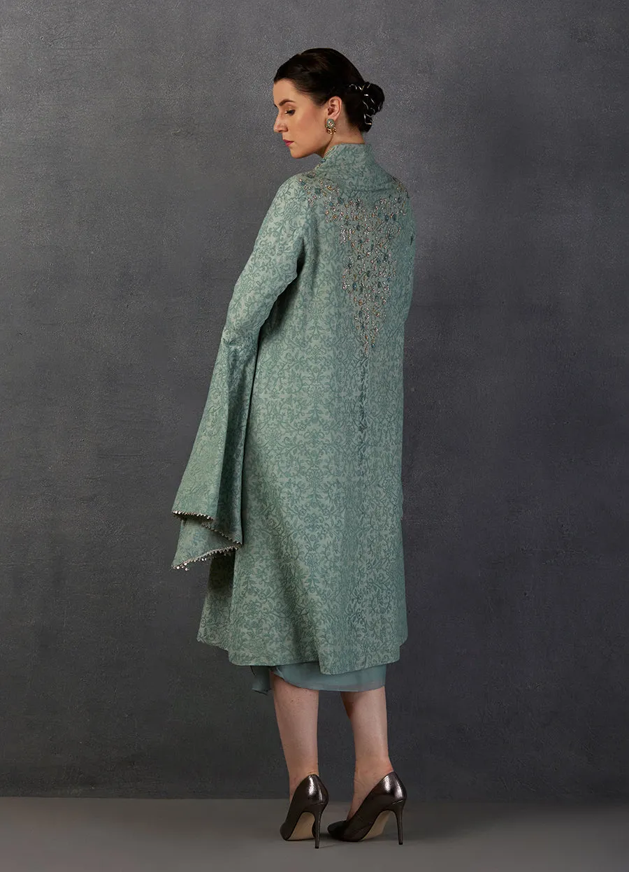 Aqua Chanderi Embroidered Jacket Set