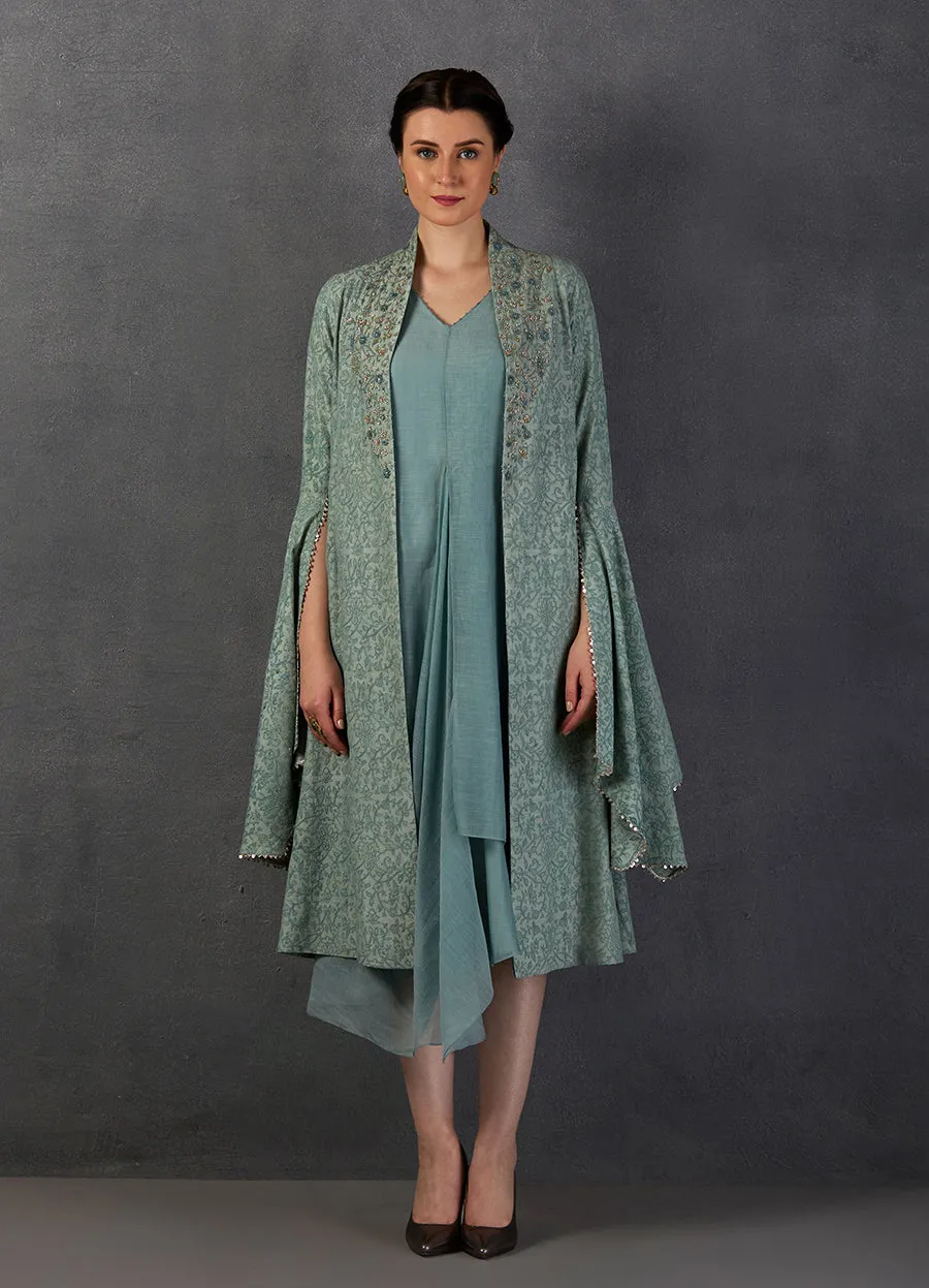 Aqua Chanderi Embroidered Jacket Set