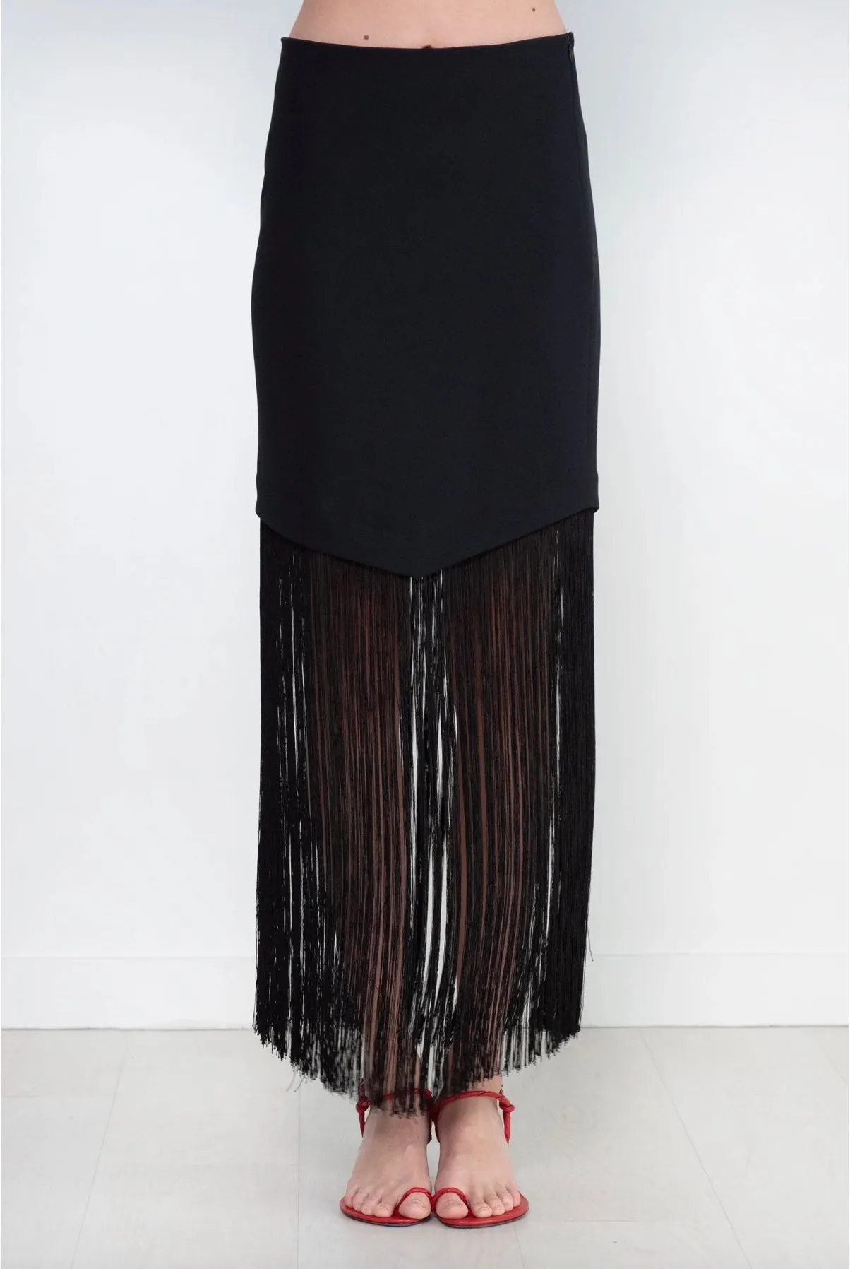 Asymmetric Hem Fringe Skirt - Black