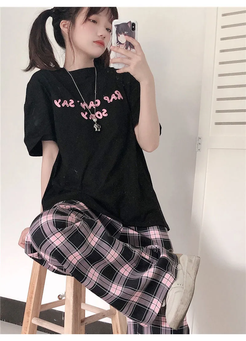 Black and Pink Plaid Loose Wide Leg Long Pants