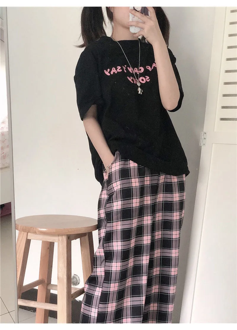 Black and Pink Plaid Loose Wide Leg Long Pants
