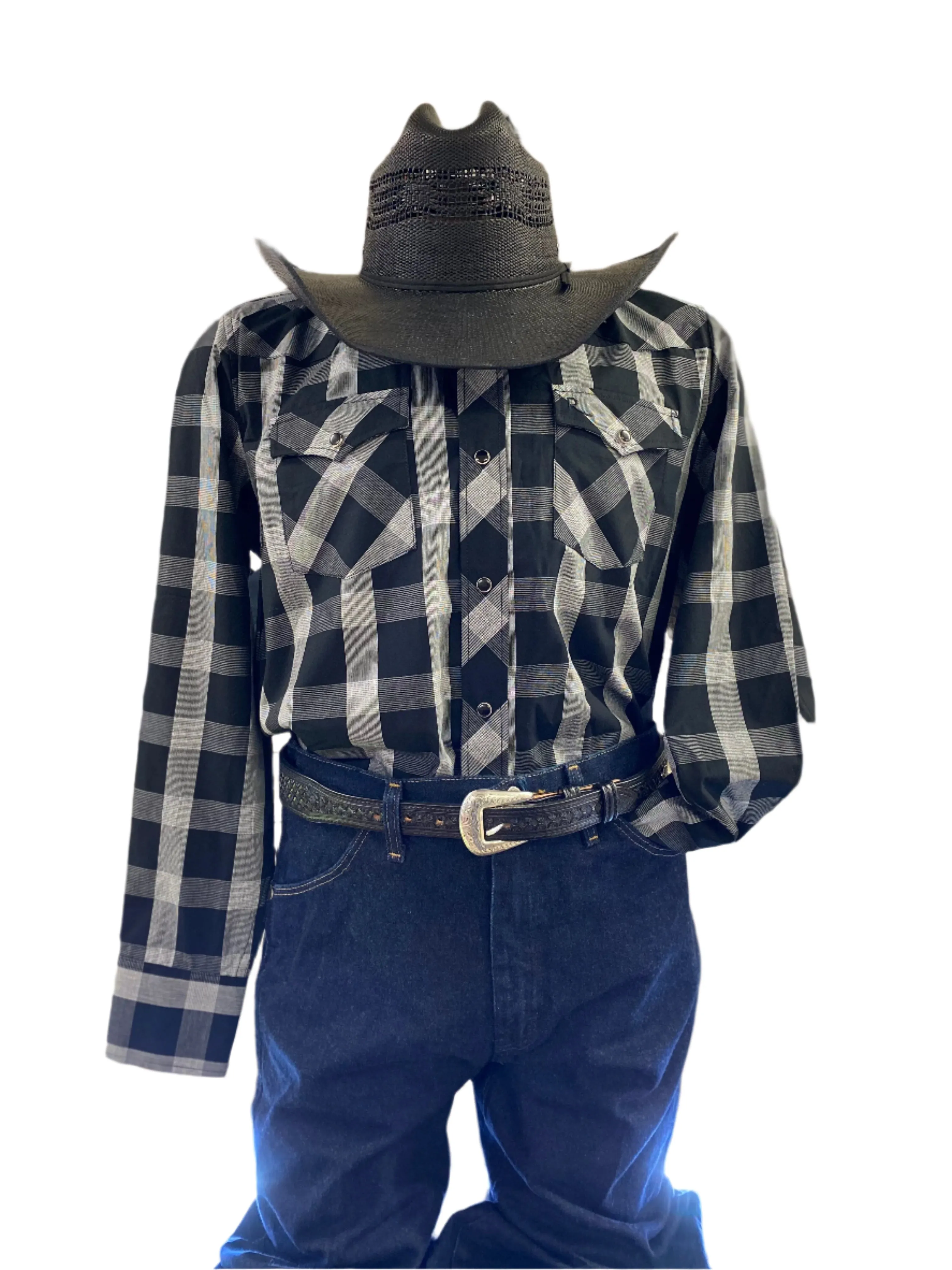 Black and White Checkerboard  Pearl Snap Western Shirt