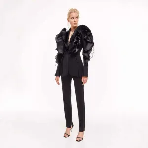 Black Three-Dimensional Patchwork Ruffled Thin Blazers