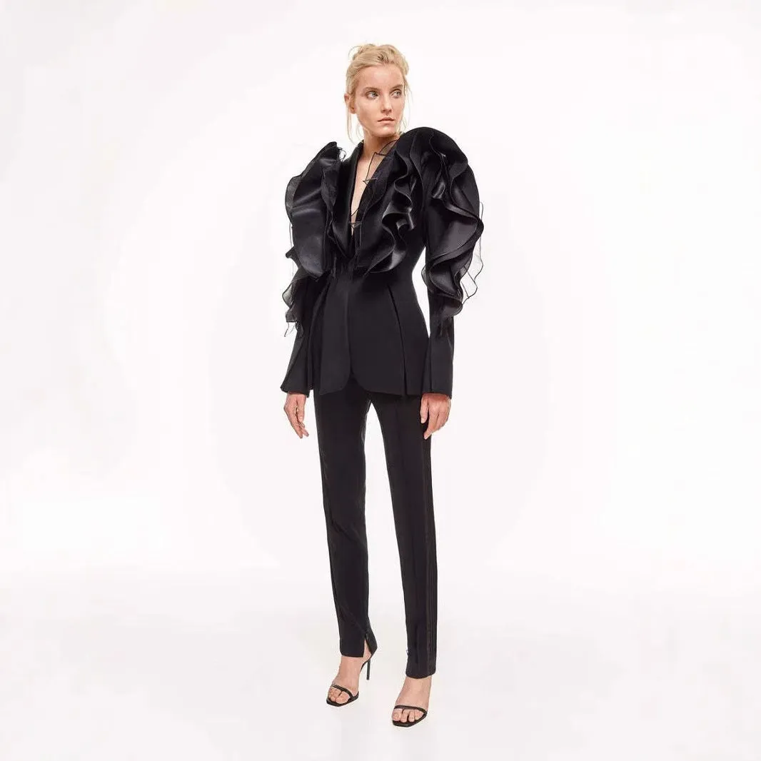 Black Three-Dimensional Patchwork Ruffled Thin Blazers