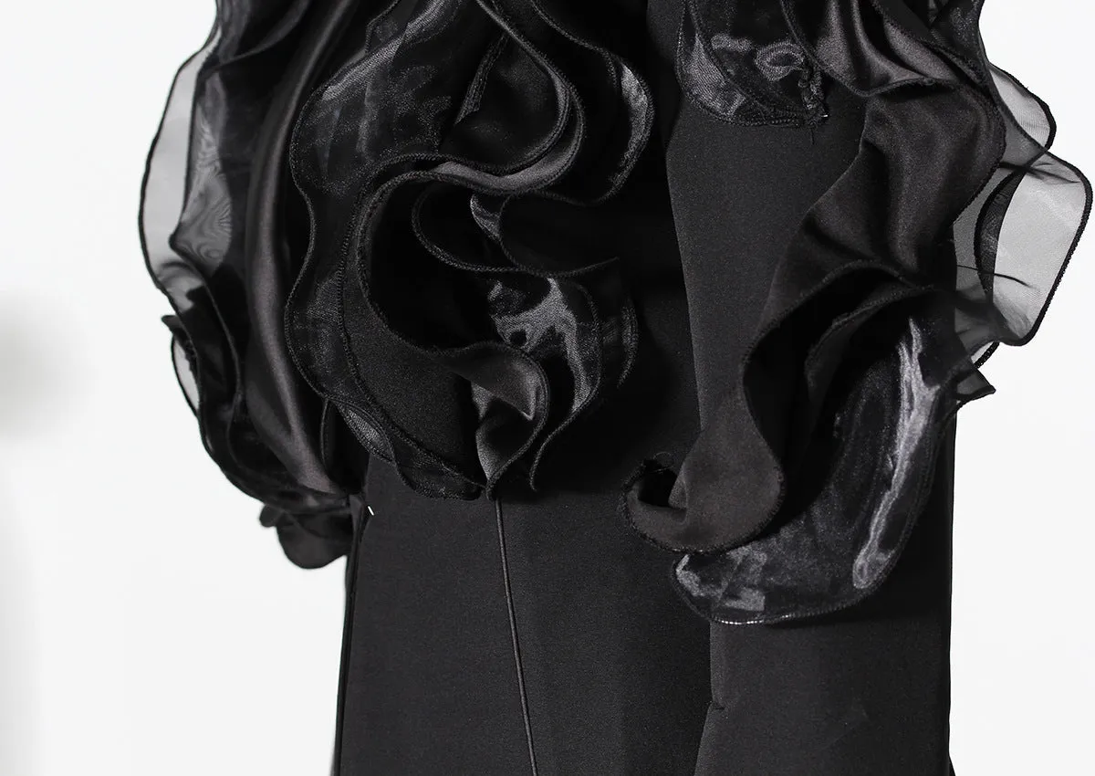 Black Three-Dimensional Patchwork Ruffled Thin Blazers