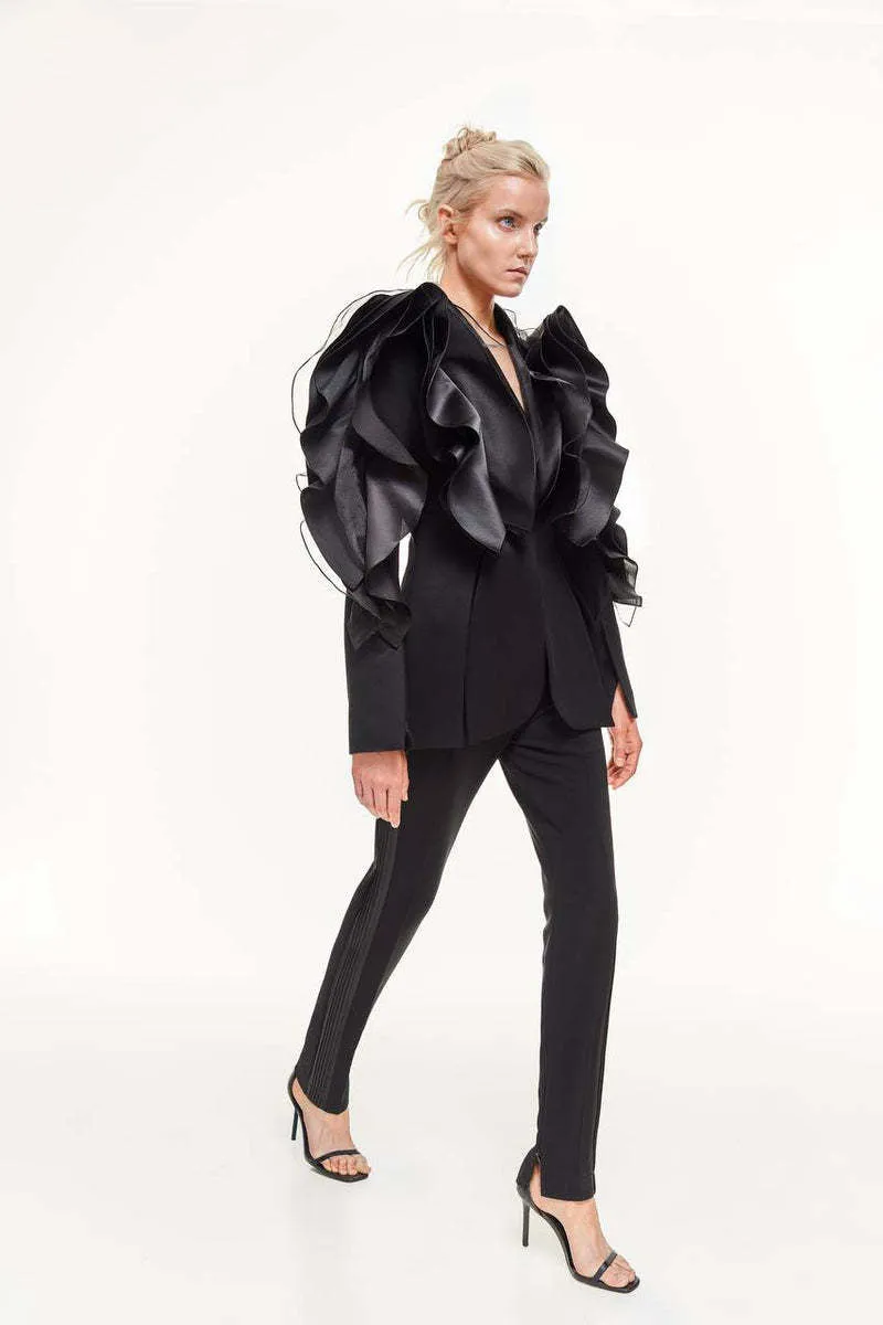 Black Three-Dimensional Patchwork Ruffled Thin Blazers