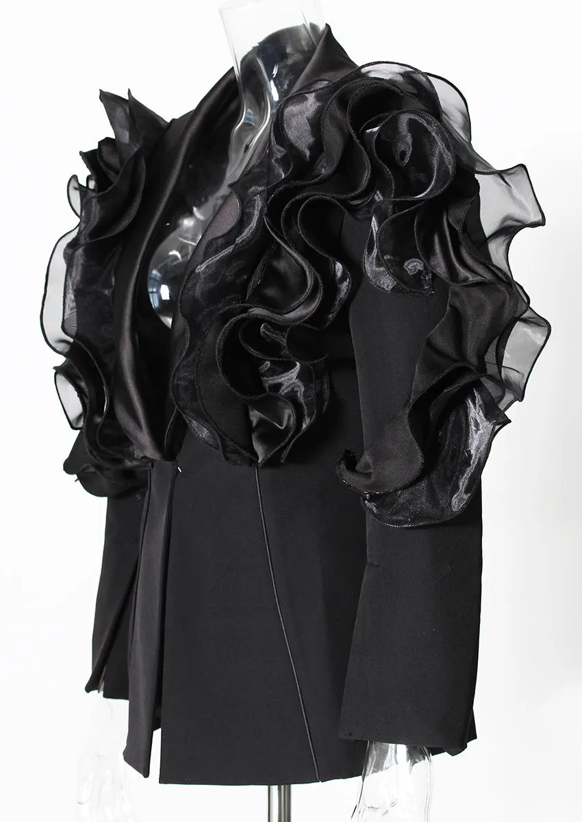 Black Three-Dimensional Patchwork Ruffled Thin Blazers