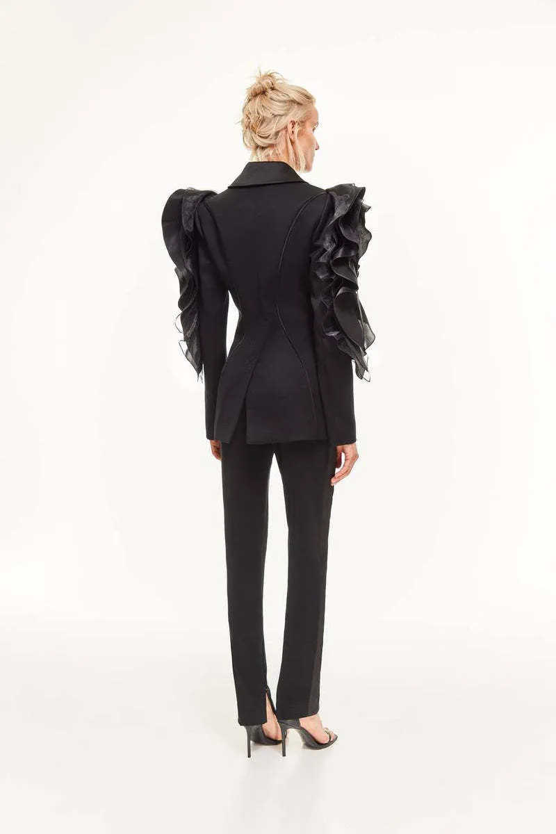 Black Three-Dimensional Patchwork Ruffled Thin Blazers