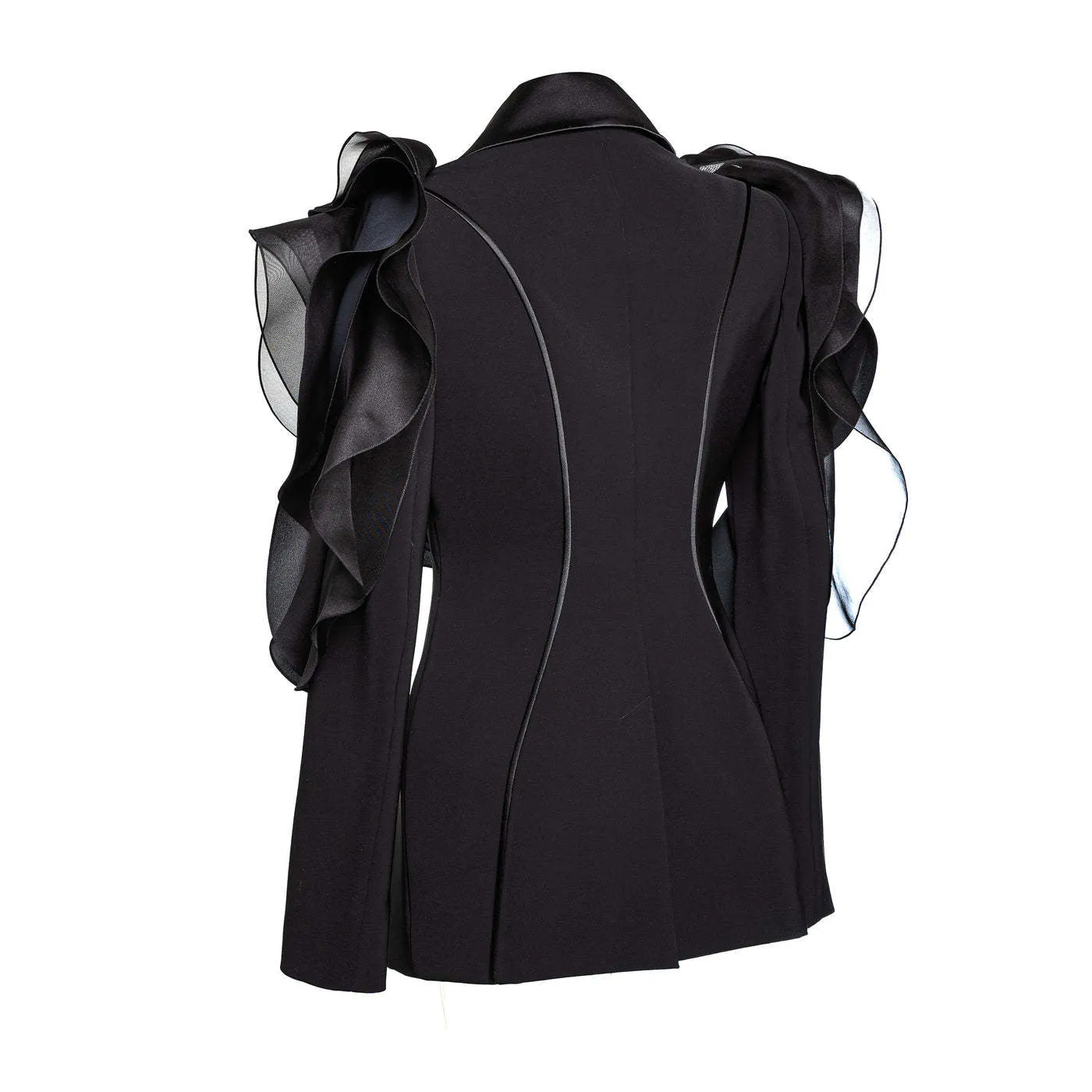 Black Three-Dimensional Patchwork Ruffled Thin Blazers