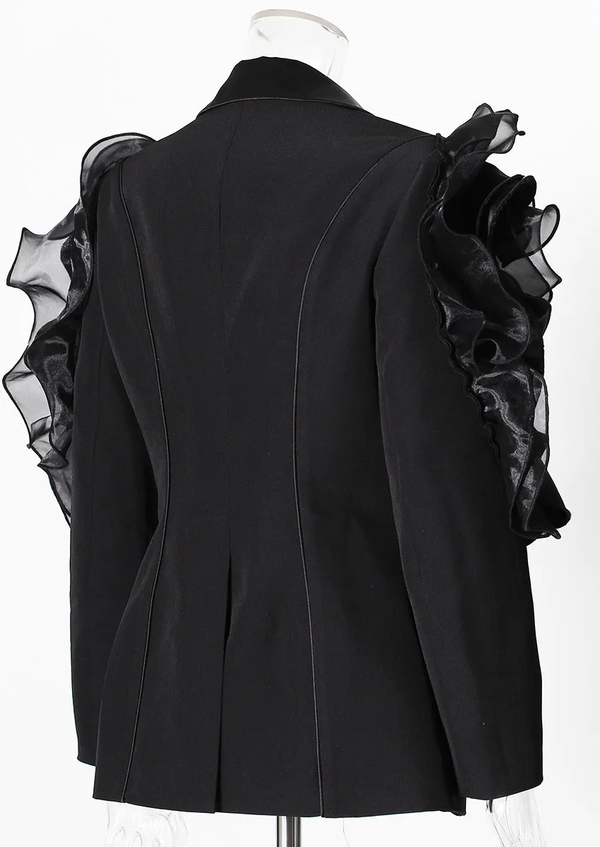Black Three-Dimensional Patchwork Ruffled Thin Blazers
