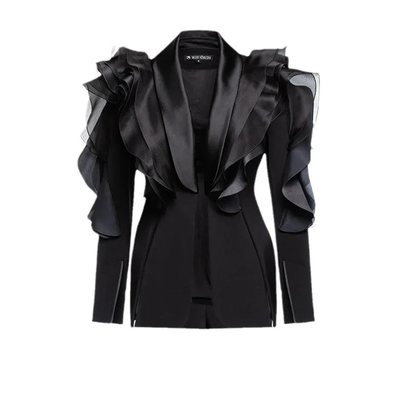 Black Three-Dimensional Patchwork Ruffled Thin Blazers