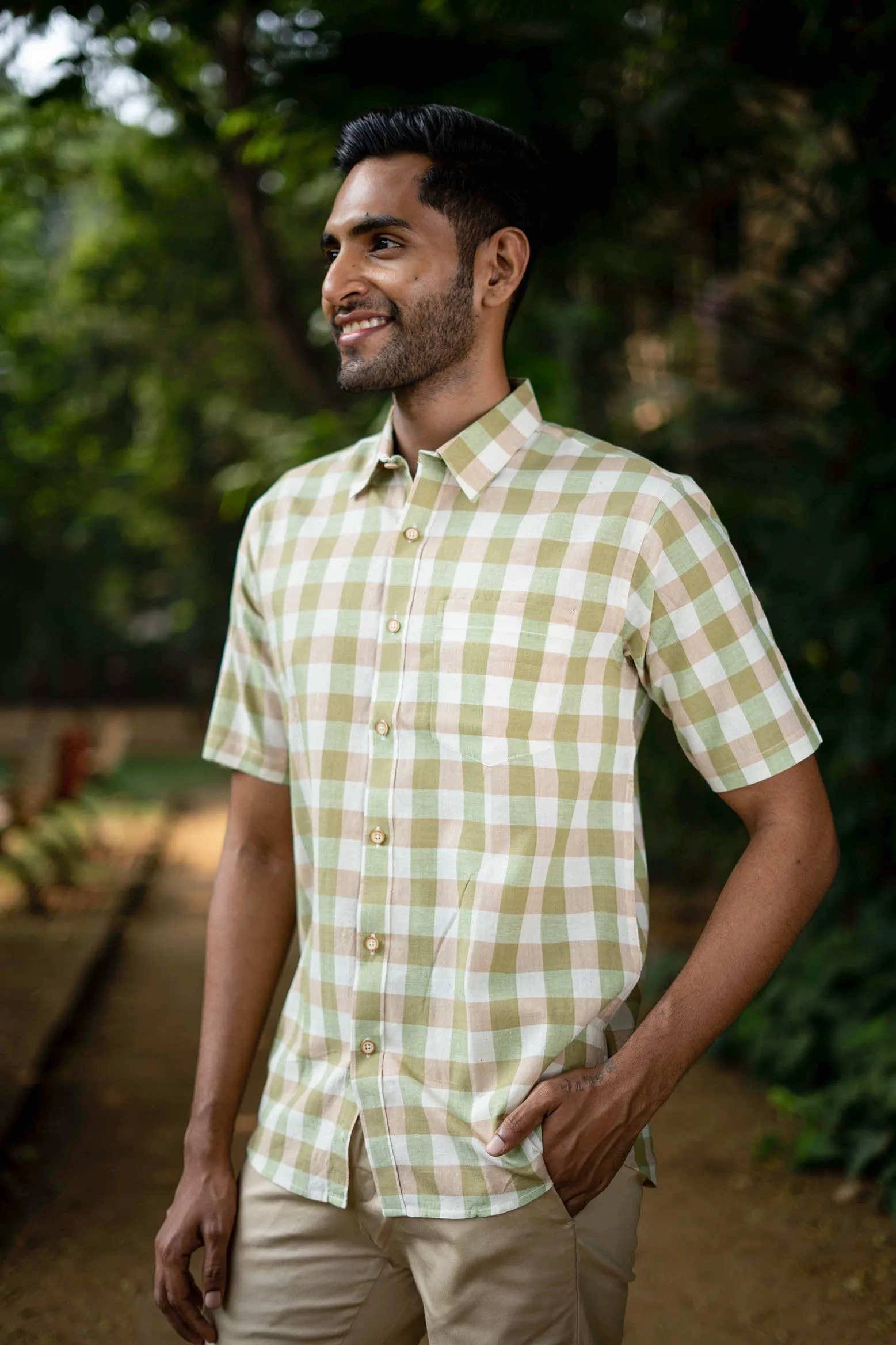 Brown and Green Checks · Regular Collar · Half Sleeve Shirt