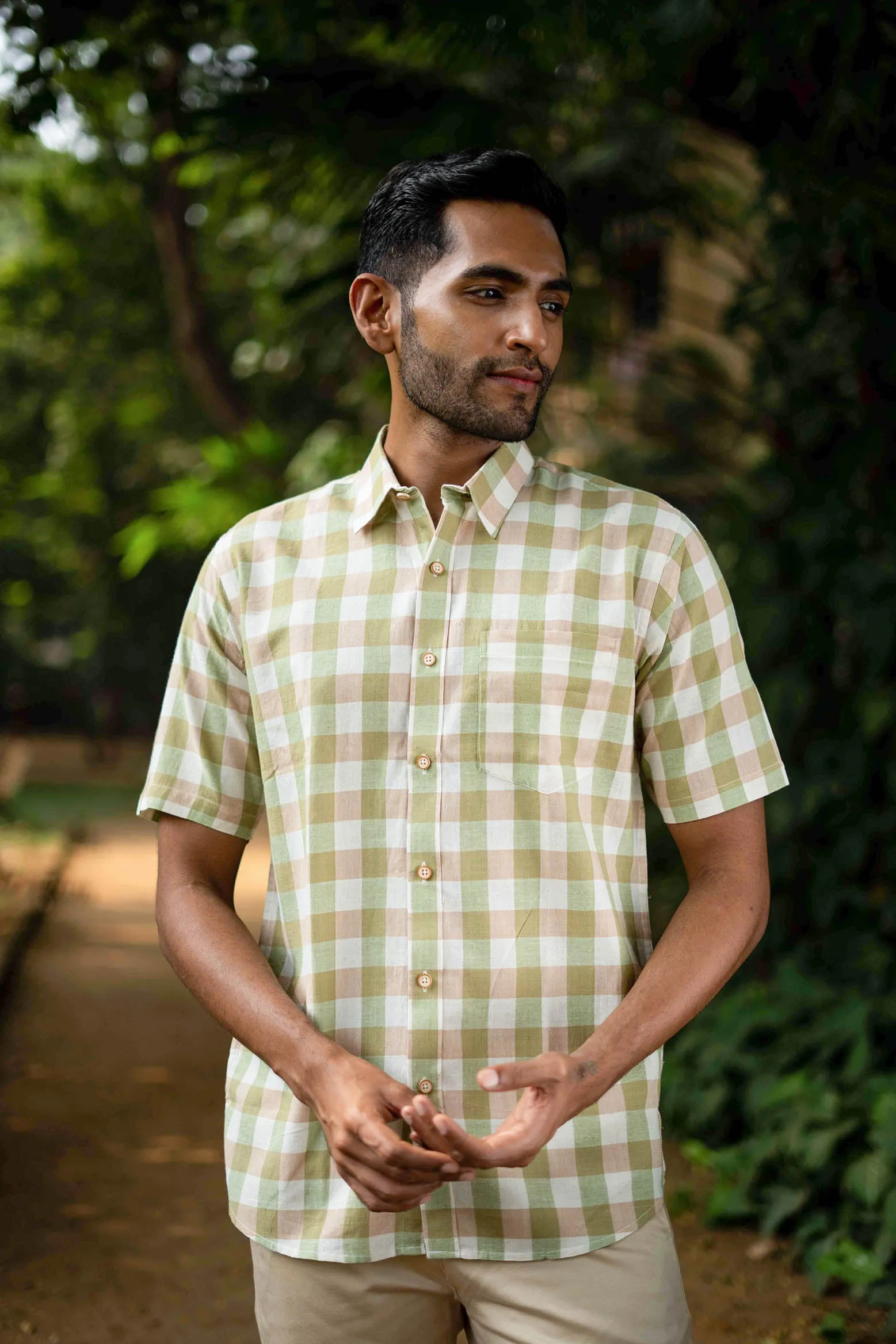 Brown and Green Checks · Regular Collar · Half Sleeve Shirt