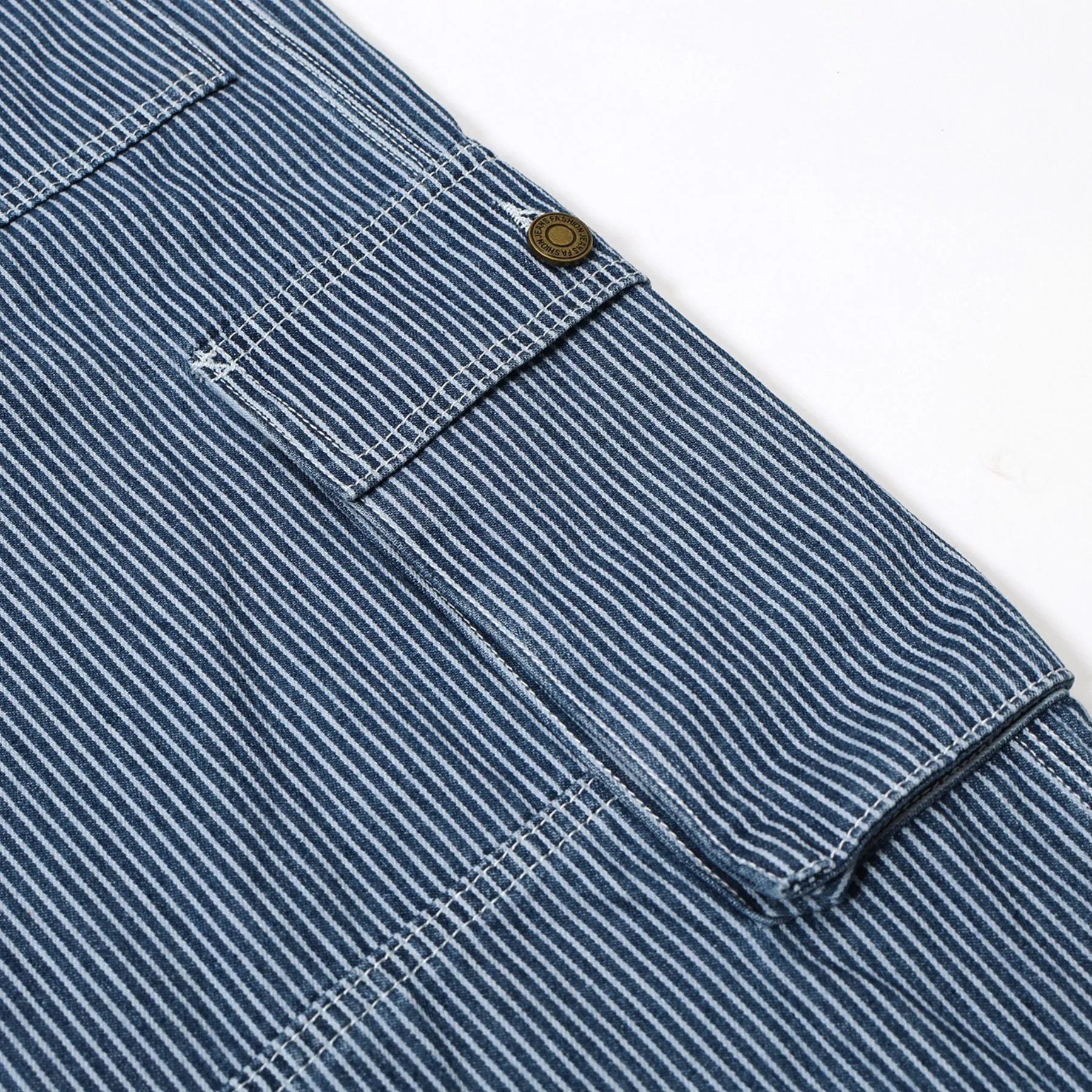 Buckle Belt Striped Denim Cargo Jeans