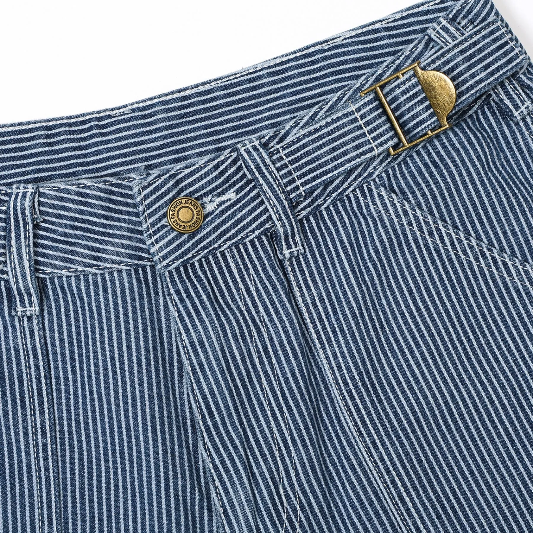 Buckle Belt Striped Denim Cargo Jeans