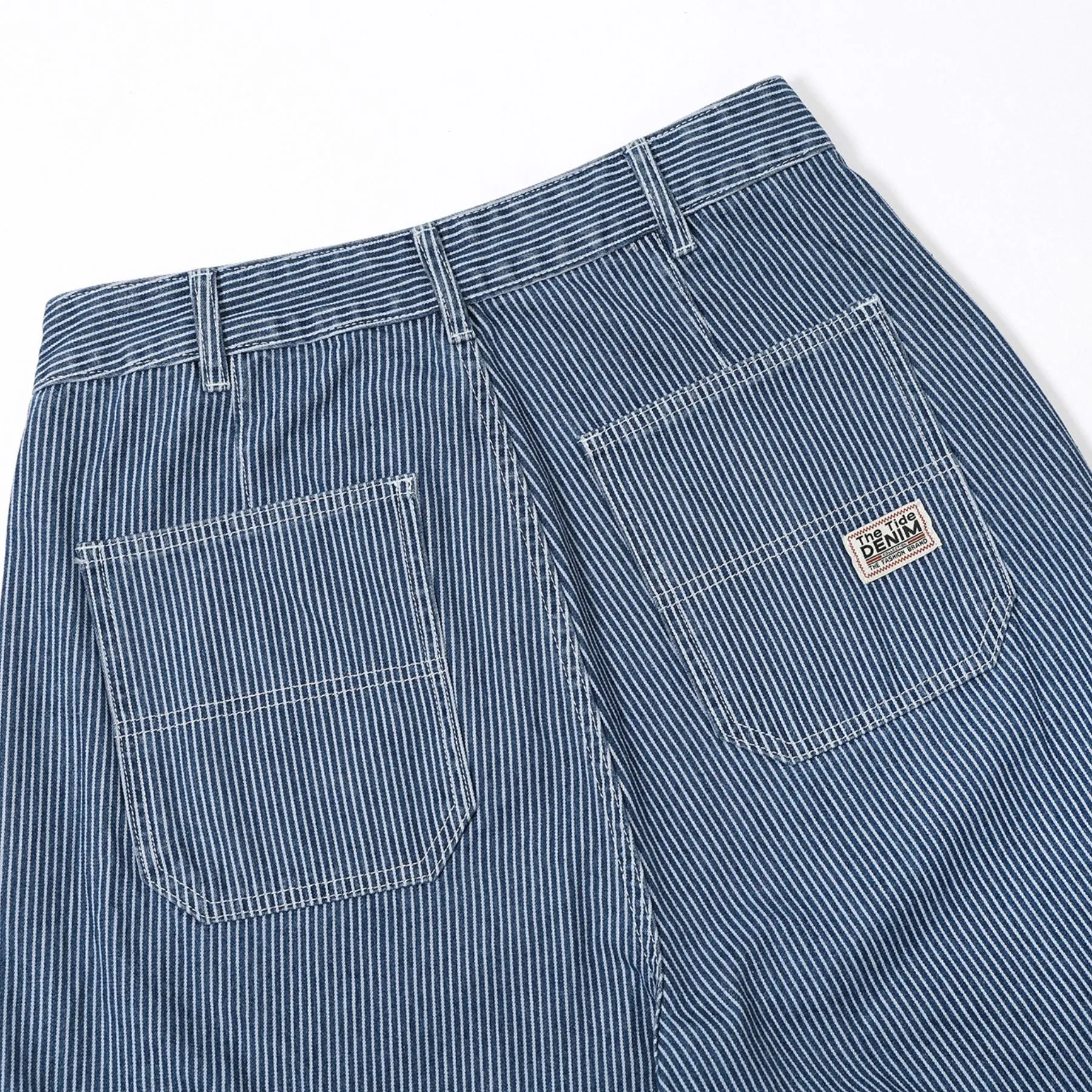 Buckle Belt Striped Denim Cargo Jeans