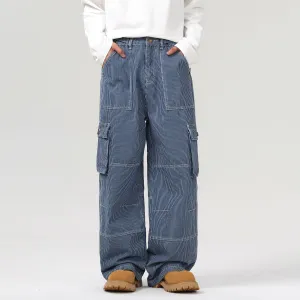 Buckle Belt Striped Denim Cargo Jeans