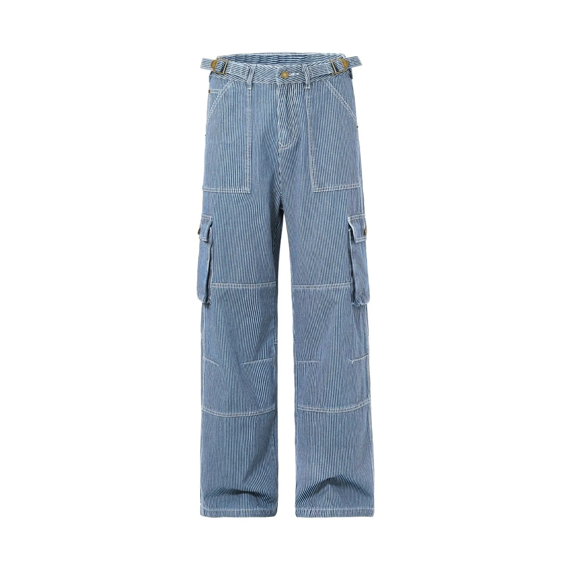 Buckle Belt Striped Denim Cargo Jeans