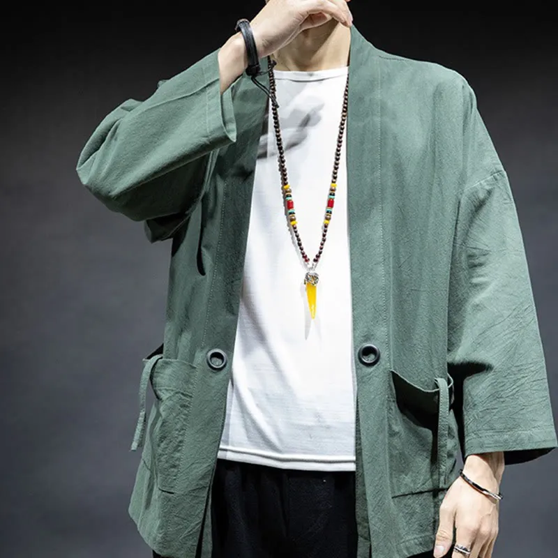 Buddha Stones Solid Color Lace-up Open Front Jacket Cotton Men's Kimono