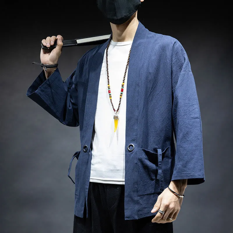 Buddha Stones Solid Color Lace-up Open Front Jacket Cotton Men's Kimono