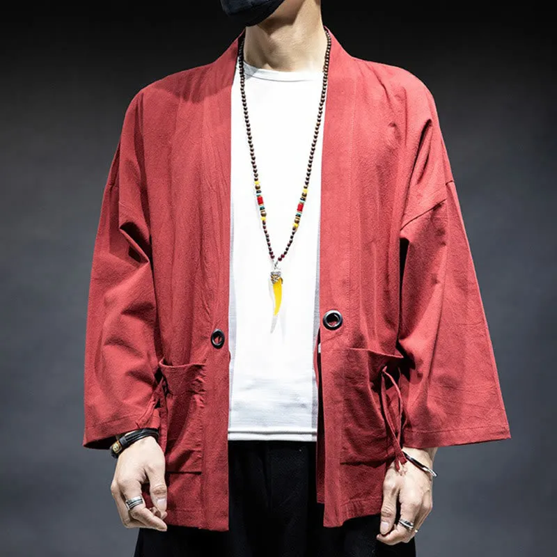 Buddha Stones Solid Color Lace-up Open Front Jacket Cotton Men's Kimono