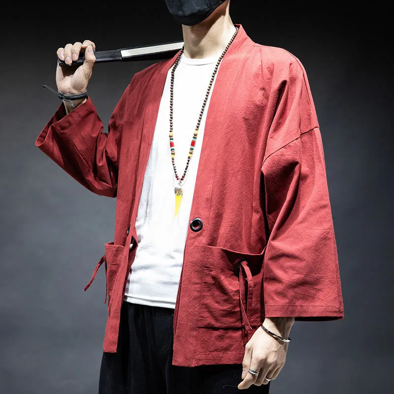 Buddha Stones Solid Color Lace-up Open Front Jacket Cotton Men's Kimono