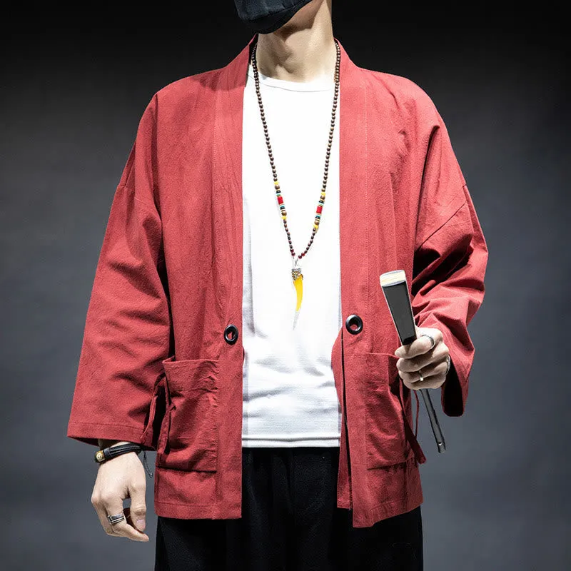 Buddha Stones Solid Color Lace-up Open Front Jacket Cotton Men's Kimono