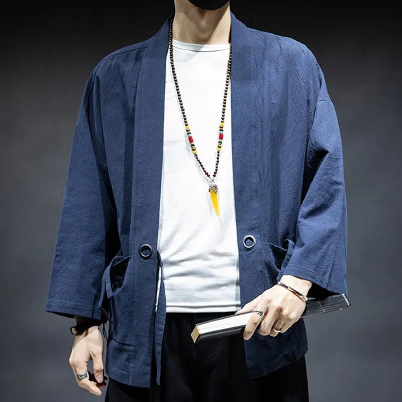 Buddha Stones Solid Color Lace-up Open Front Jacket Cotton Men's Kimono