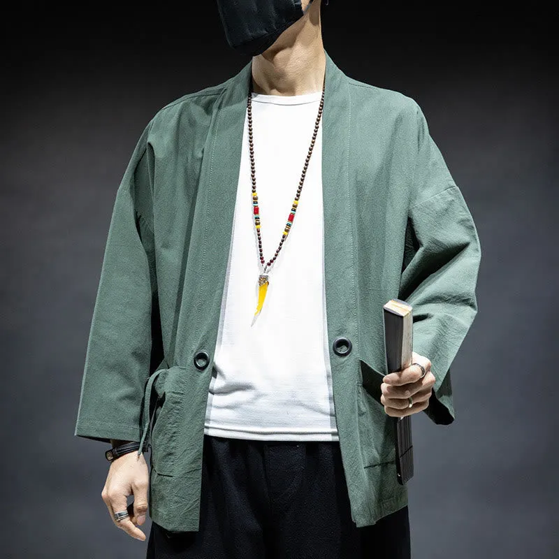 Buddha Stones Solid Color Lace-up Open Front Jacket Cotton Men's Kimono