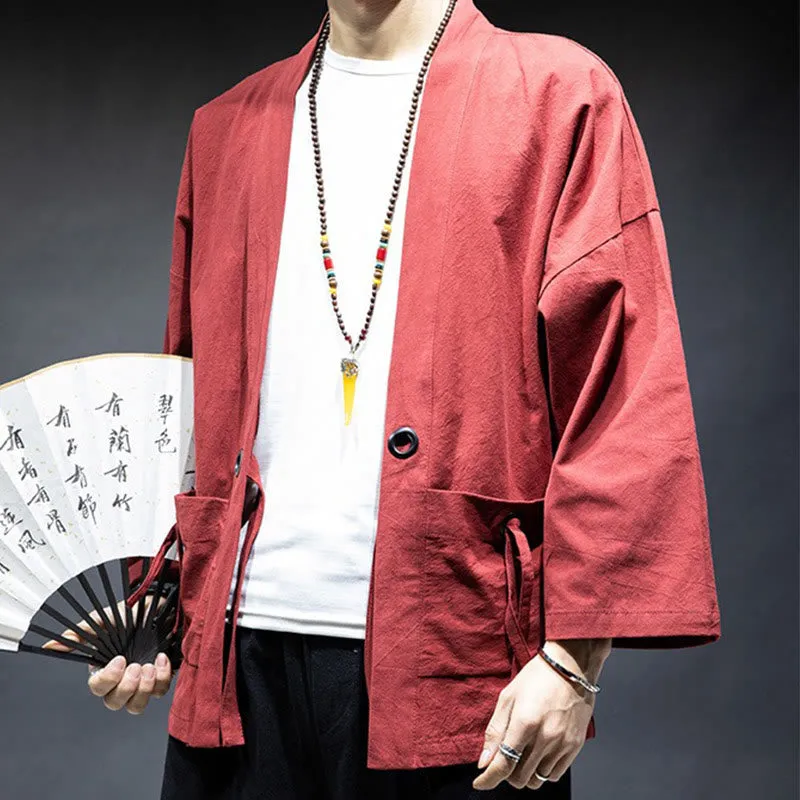 Buddha Stones Solid Color Lace-up Open Front Jacket Cotton Men's Kimono