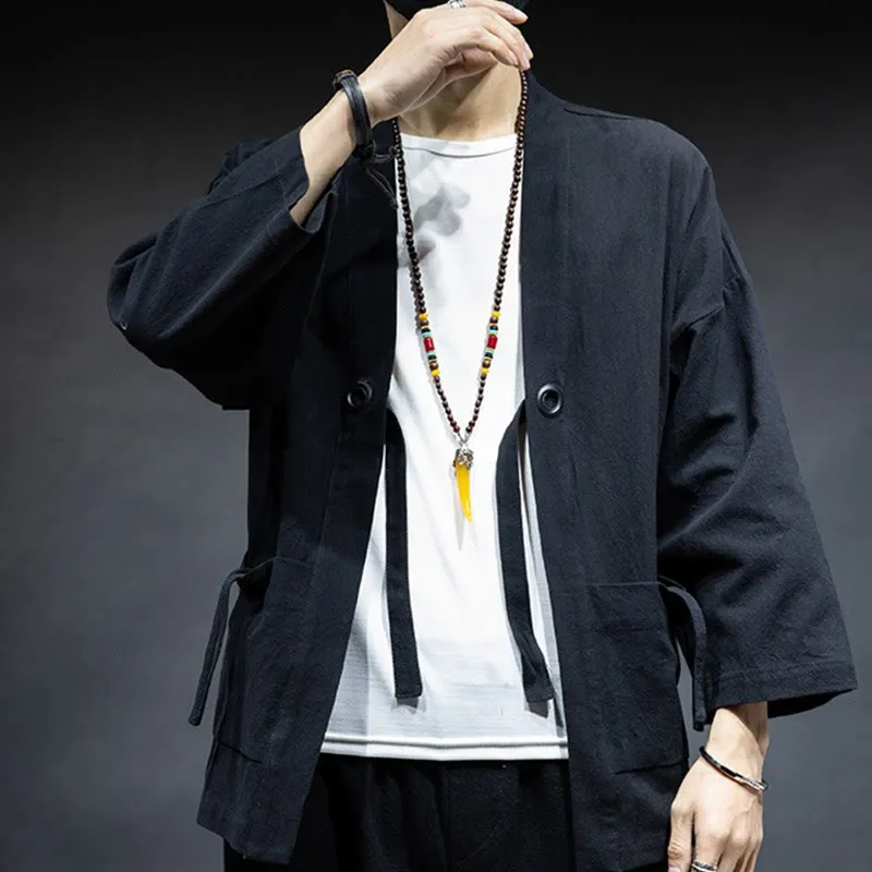 Buddha Stones Solid Color Lace-up Open Front Jacket Cotton Men's Kimono
