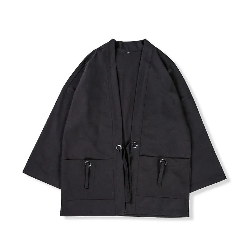 Buddha Stones Solid Color Lace-up Open Front Jacket Cotton Men's Kimono