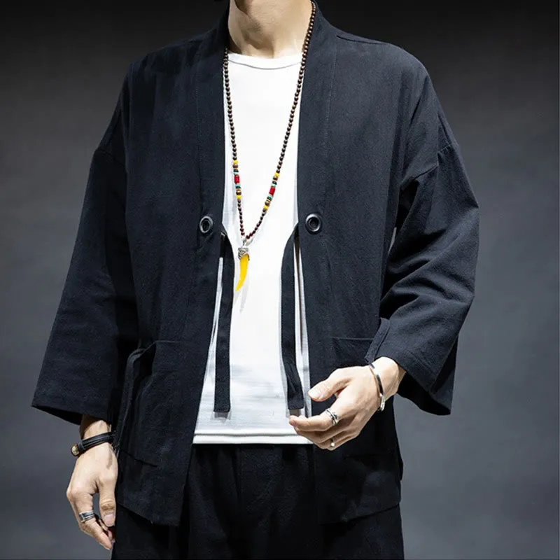 Buddha Stones Solid Color Lace-up Open Front Jacket Cotton Men's Kimono