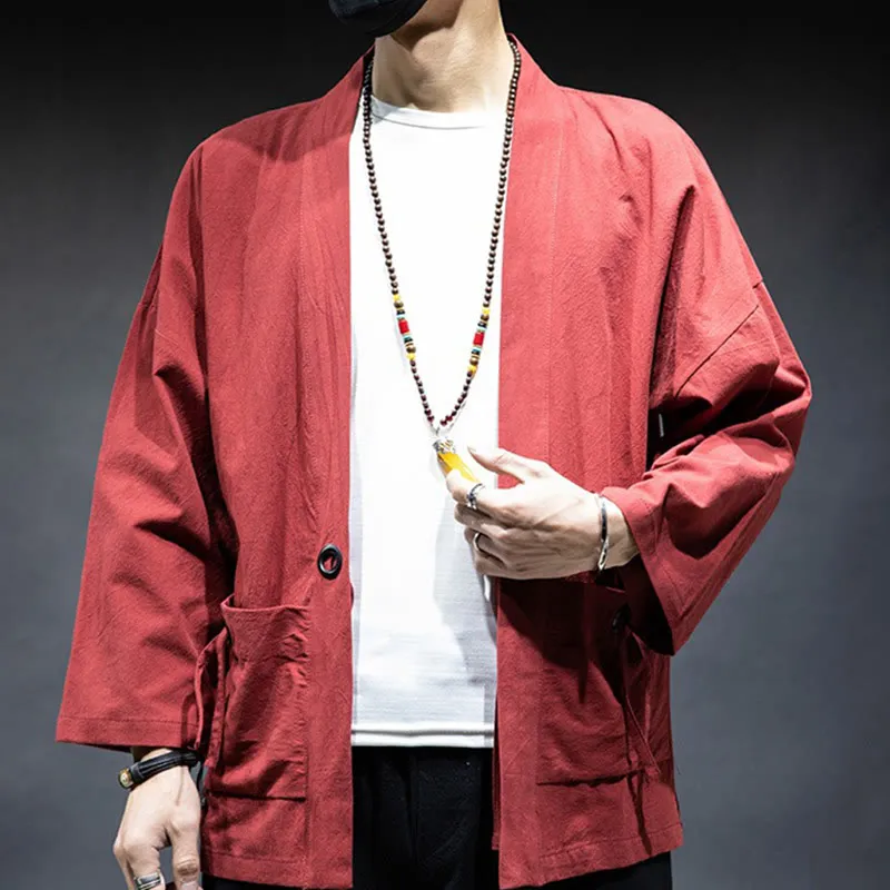 Buddha Stones Solid Color Lace-up Open Front Jacket Cotton Men's Kimono