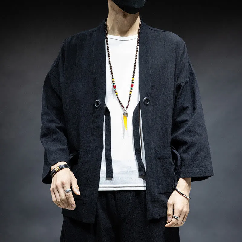 Buddha Stones Solid Color Lace-up Open Front Jacket Cotton Men's Kimono
