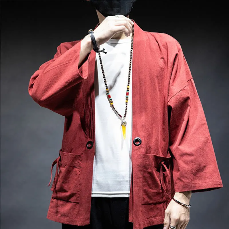 Buddha Stones Solid Color Lace-up Open Front Jacket Cotton Men's Kimono