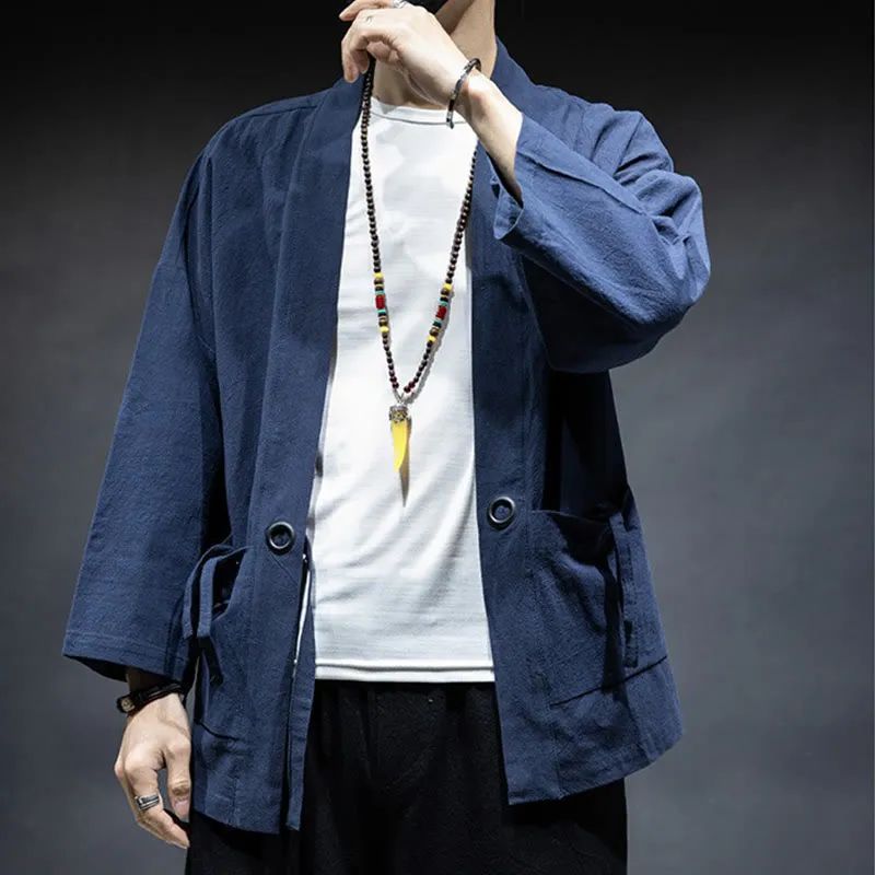 Buddha Stones Solid Color Lace-up Open Front Jacket Cotton Men's Kimono