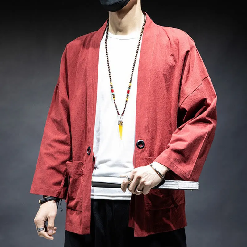 Buddha Stones Solid Color Lace-up Open Front Jacket Cotton Men's Kimono