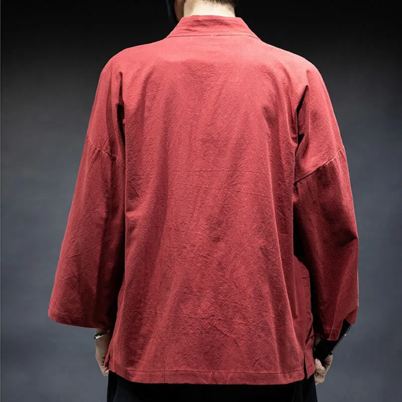 Buddha Stones Solid Color Lace-up Open Front Jacket Cotton Men's Kimono
