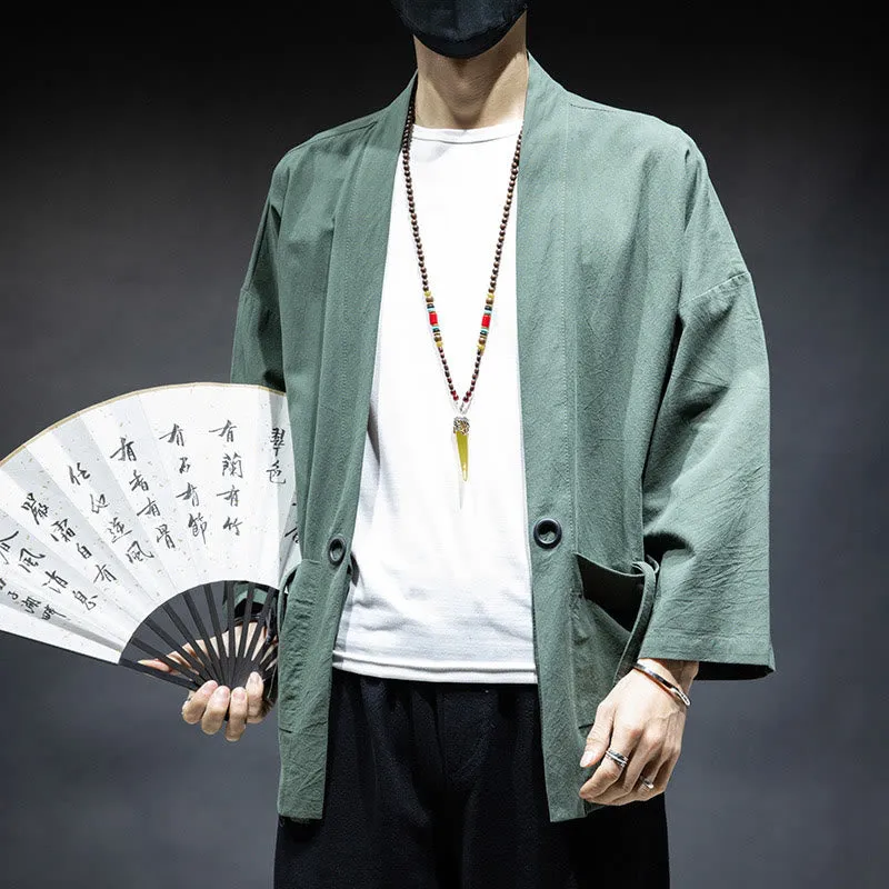 Buddha Stones Solid Color Lace-up Open Front Jacket Cotton Men's Kimono