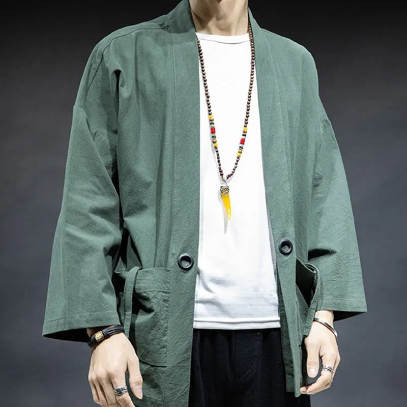 Buddha Stones Solid Color Lace-up Open Front Jacket Cotton Men's Kimono