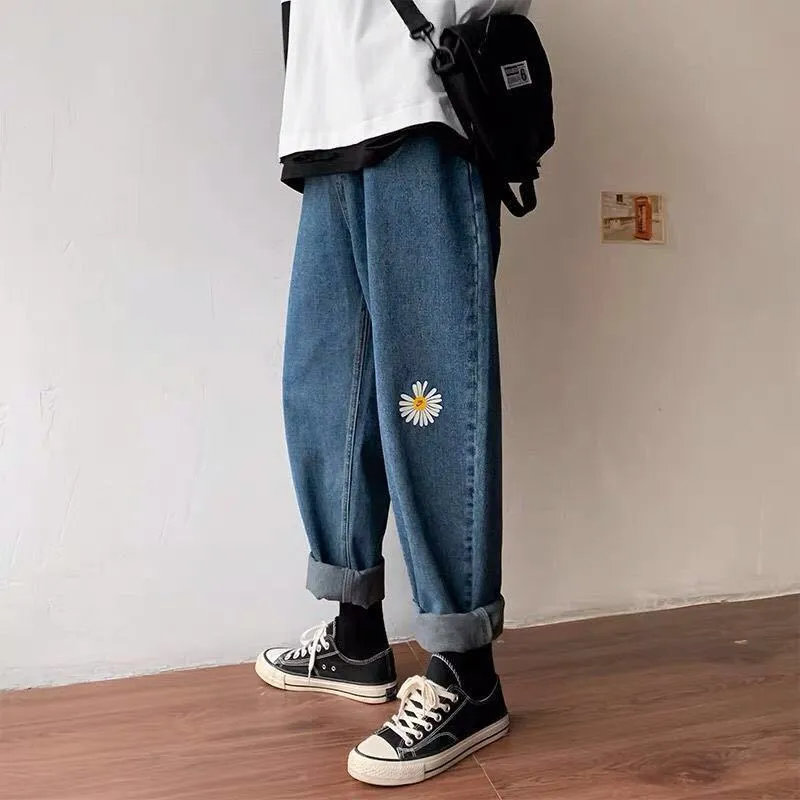 CityHottie - Korean Loose Daisy Jeans Women Fashion New High Waist Straight Denim Pants Maxi Wide-leg Cropped Trousers Female S-5XL
