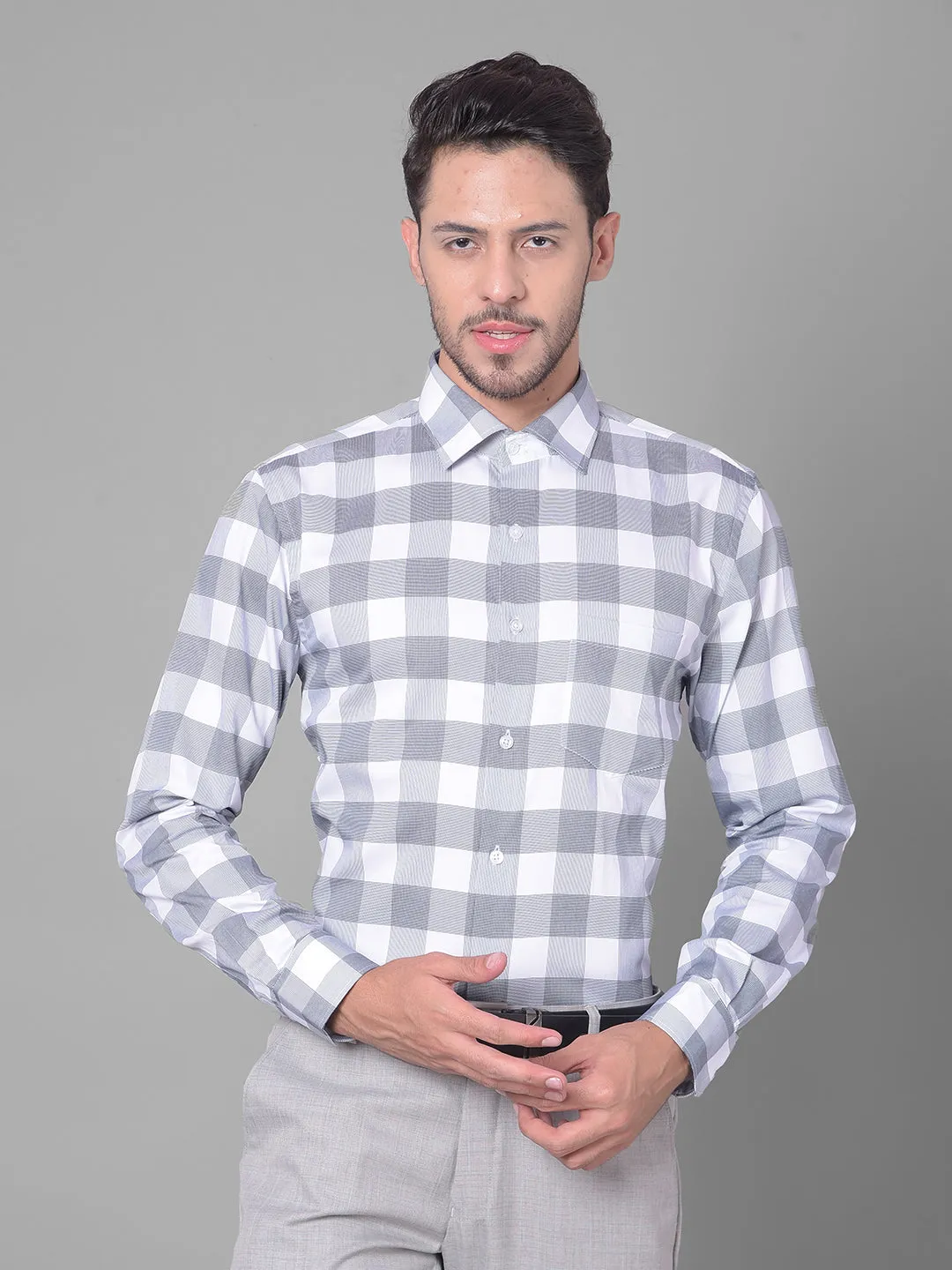 Cobb Navy Blue Check Slim Fit Formal Shirt