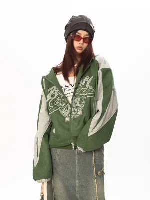 Contrast Faux Suede Zip Hoodie Jacket
