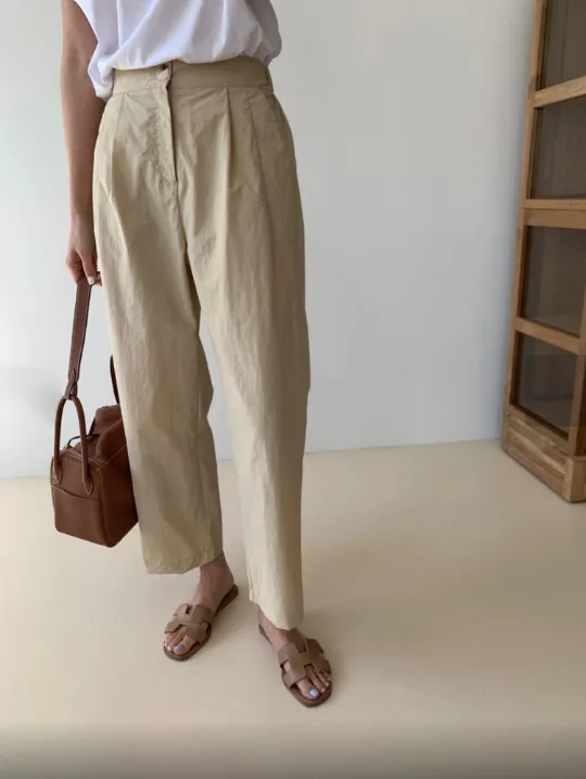 Cool Pin Tuck Loose Fit Pants Back w/ Waist Band (시원한 바스락소재)