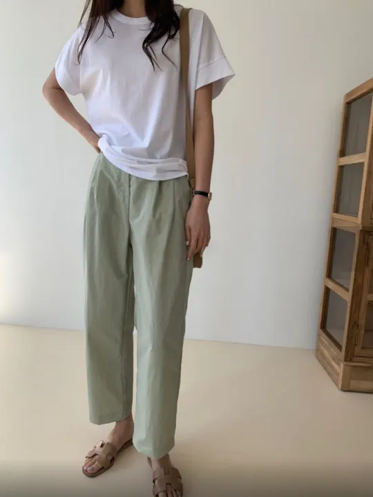 Cool Pin Tuck Loose Fit Pants Back w/ Waist Band (시원한 바스락소재)